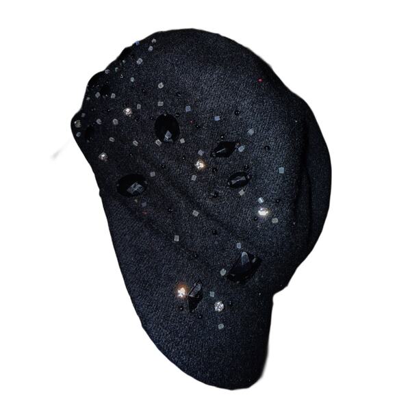 VTG 90s Y2K Scala Pronto BLK Wool Jeweled Newsboy Cap Euroglam Goth Boho OS - Picture 2 of 7